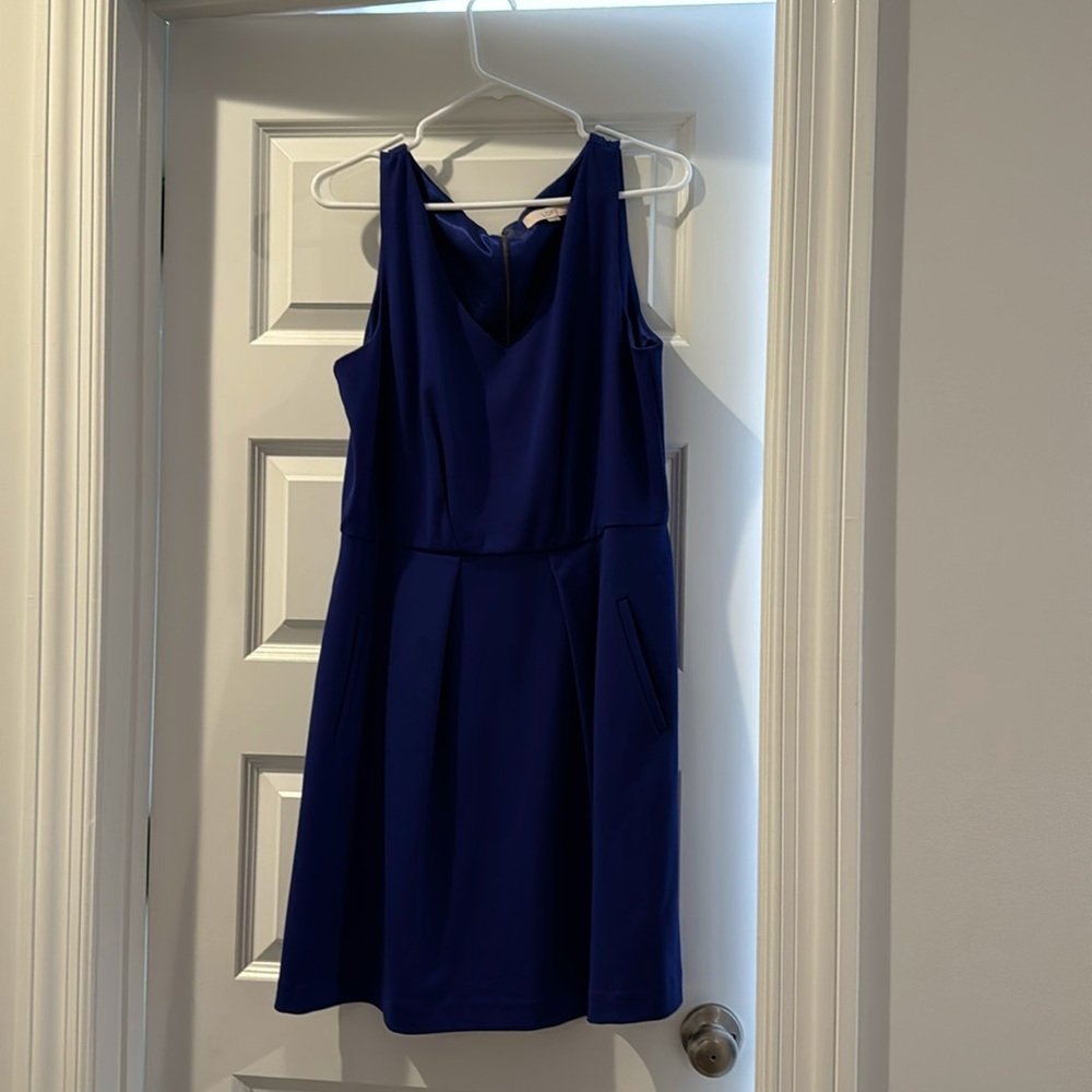 Loft blue mini fit and flare dress with pockets!